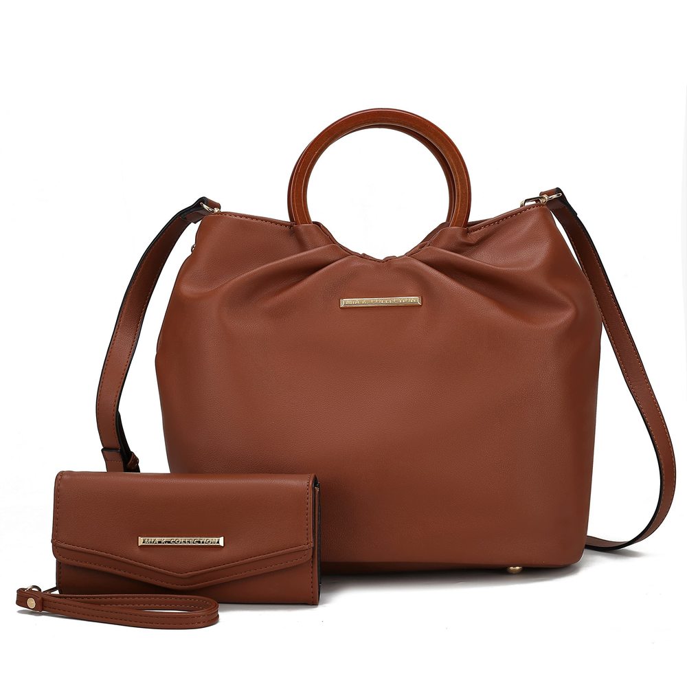 Tote Bag Set, Vegan Leather Circular Wooden Top-Handle Shoulder -_-